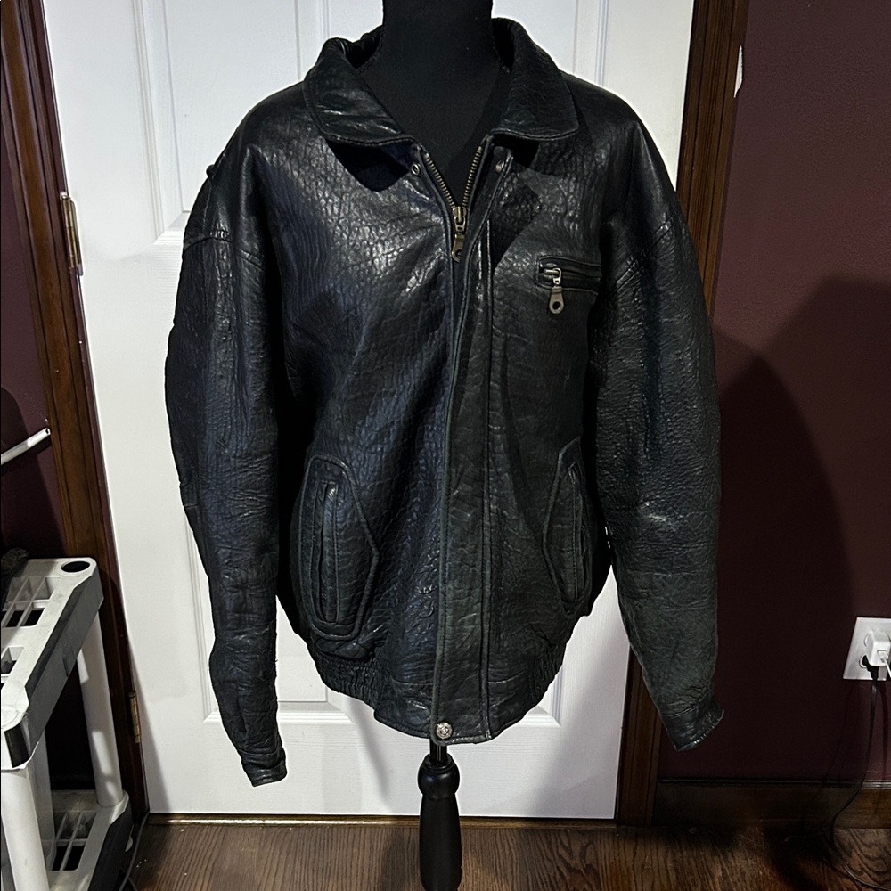 Vtg Mirage black leather broken in distressed bomber Moto jacket XXL